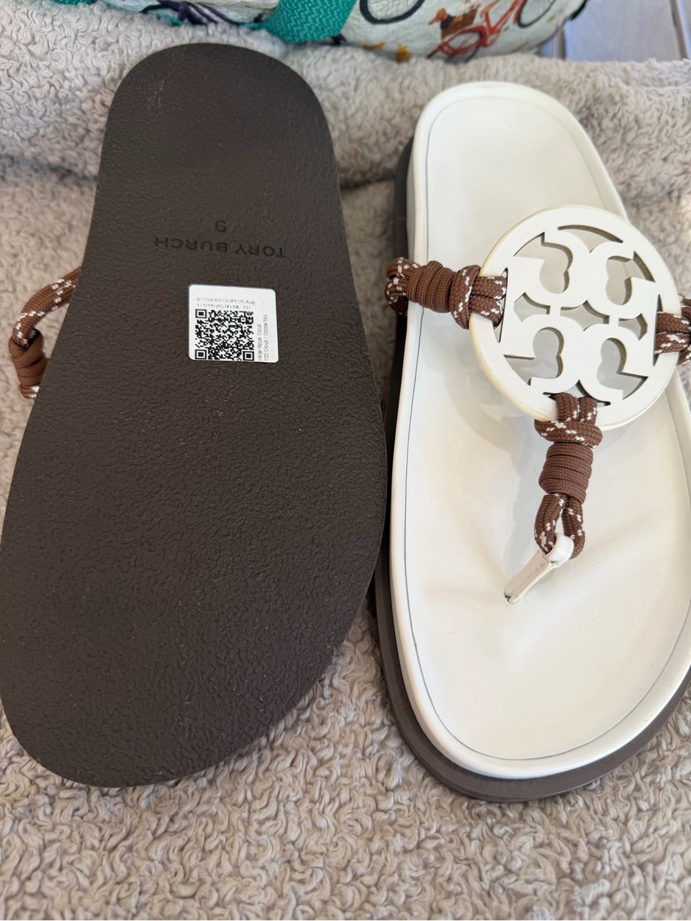 Tory Burch White and Brown Logo Rope Thong Sandals - Picture 3 of 4